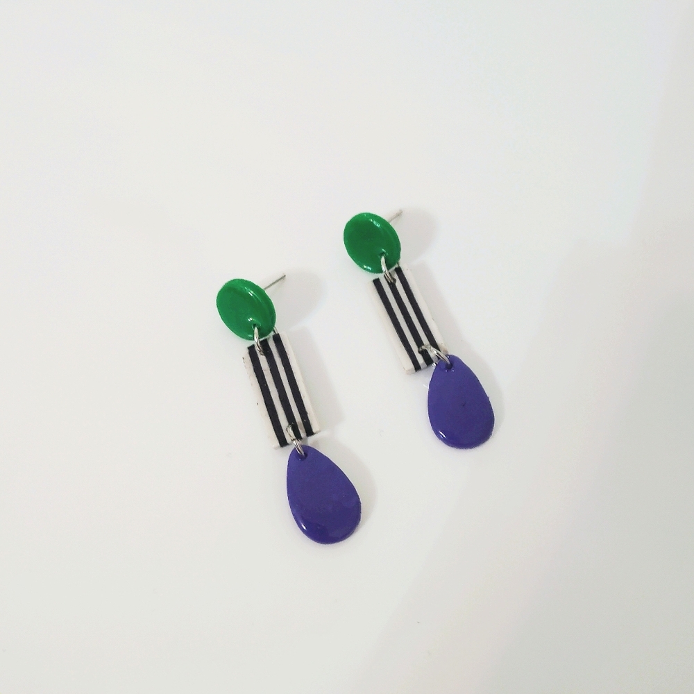 Green and Purple Stud Drop Earrings with Striped Accent